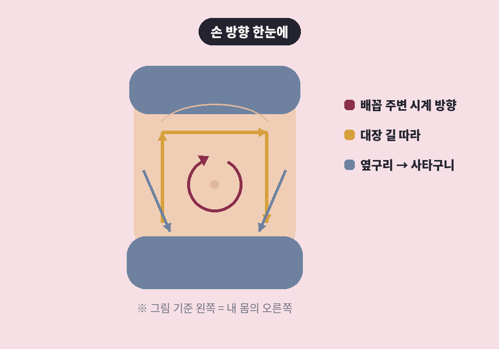 복부림프마사지 시계 방향 대장 경로와 사타구니 방향 화살표