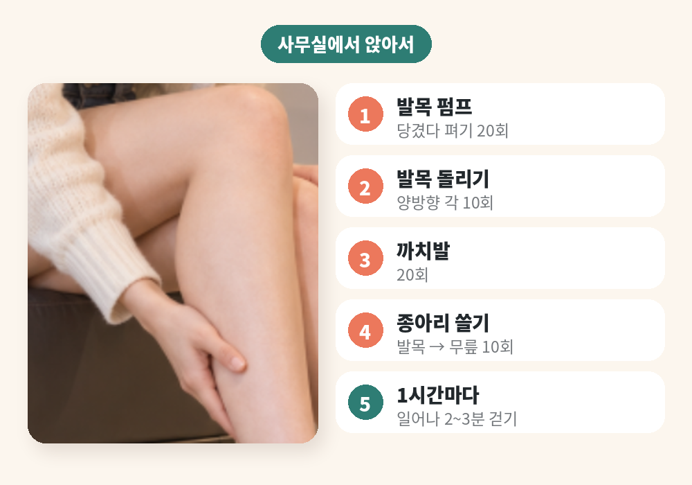 사무실 의자에 앉아서 하는 다리 붓기 마사지와 발목 운동