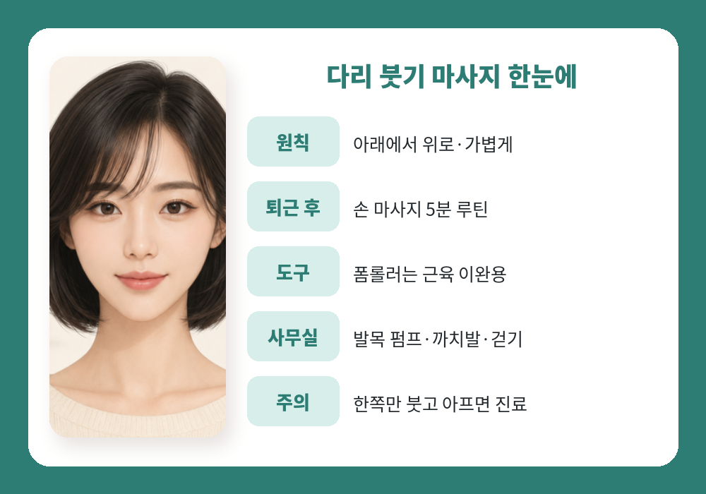 다리 붓기 마사지 방법 도구 습관 요약표