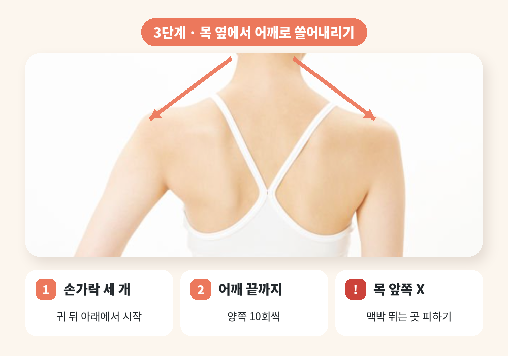 목 어깨 마사지 3단계 귀 뒤에서 어깨로 쓸어내리기
