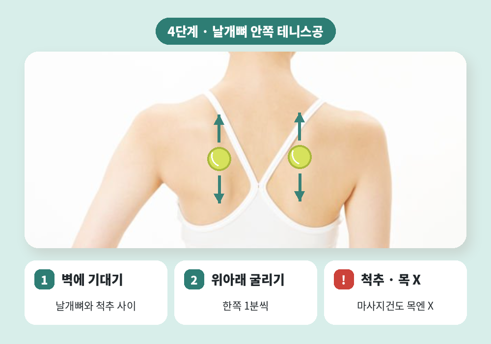 목 어깨 마사지 4단계 날개뼈 안쪽 테니스공 마사지