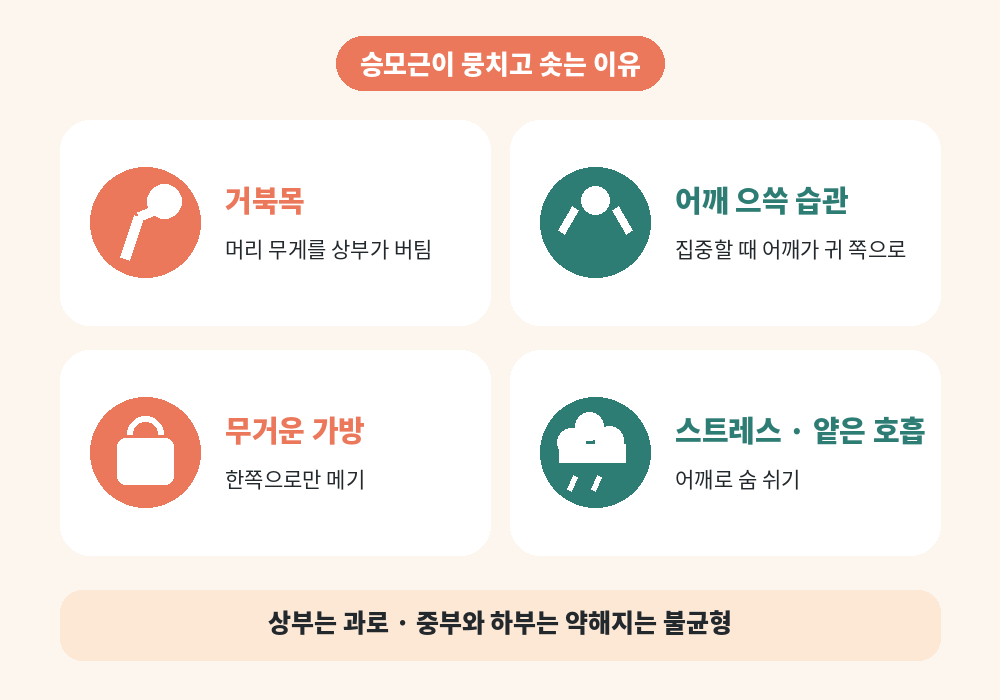 승모근이 뭉치는 원인 거북목 어깨 긴장 무거운 가방 스트레스