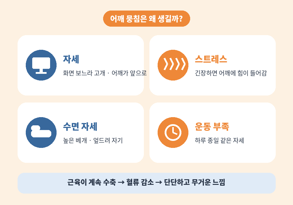 어깨 뭉침 원인 자세 스트레스 수면 운동 부족