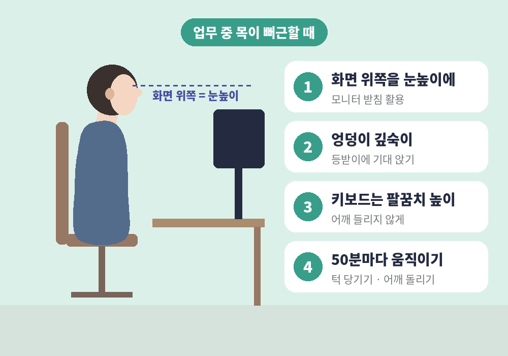업무 중 목 뻐근할 때 모니터 높이와 자세 교정