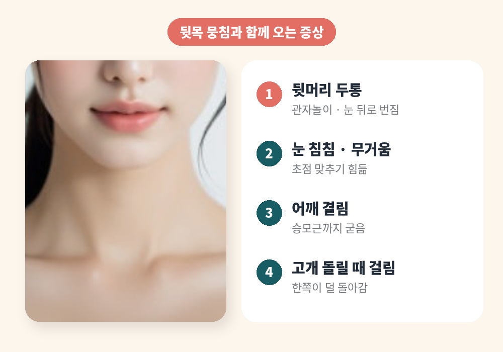뒷목 뭉침과 함께 오는 증상 뒷머리 두통 눈 피로 어깨 결림