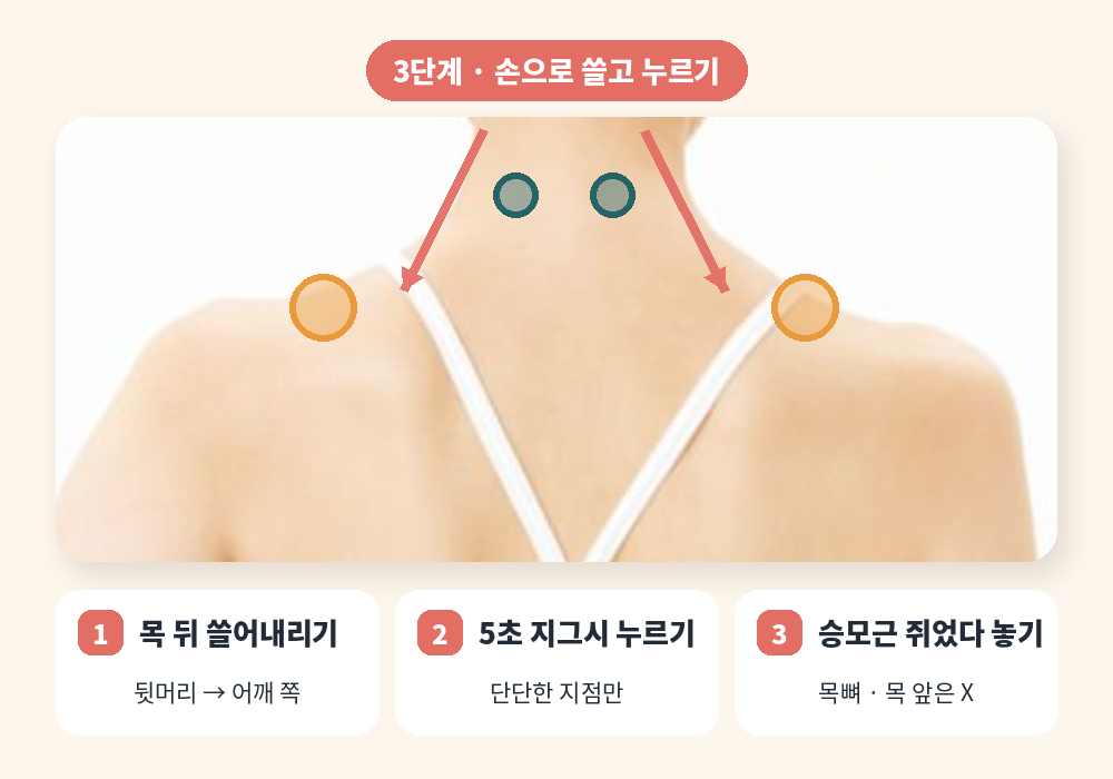 뒷목 뭉침 푸는 법 3단계 손으로 쓸고 누르는 셀프 마사지