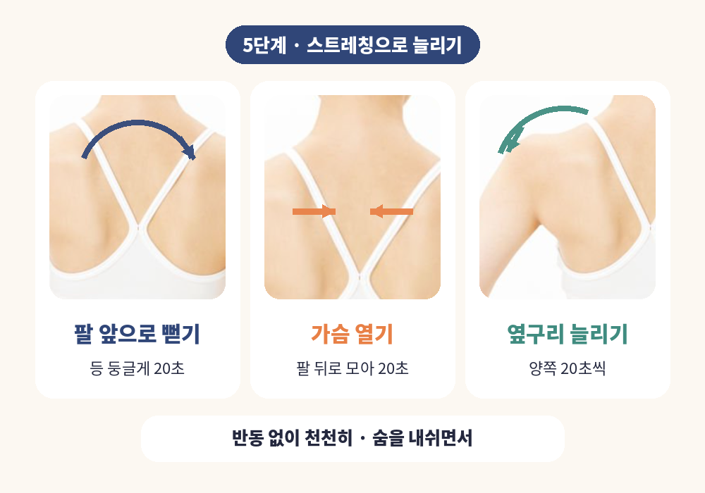 등 뭉침 푸는 법 5단계 스트레칭 팔 앞으로 뻗기 가슴 열기 옆구리 늘리기