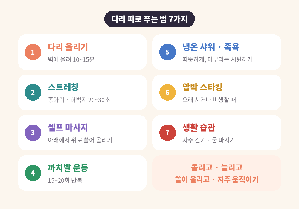 다리 피로 푸는 법 7가지 한눈에 보기