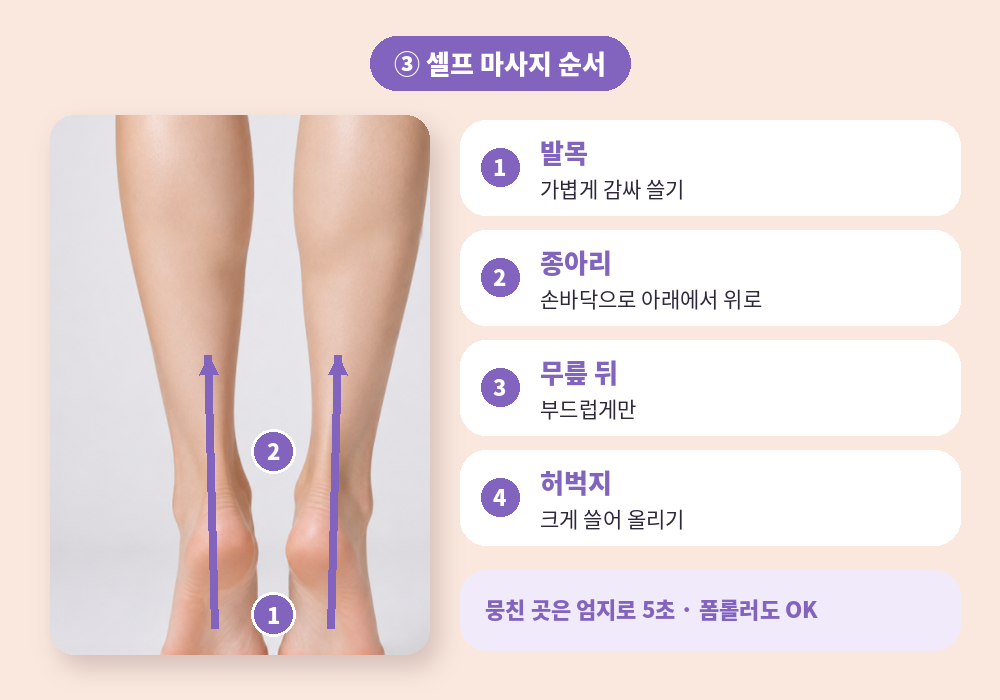 다리 피로 푸는 법 발에서 허벅지 방향 셀프 마사지 순서
