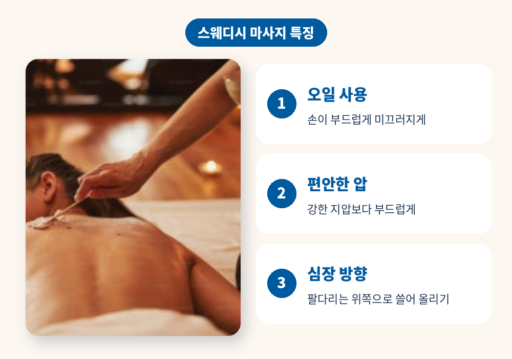 스웨디시 마사지 특징 오일 부드러운 압 심장 방향