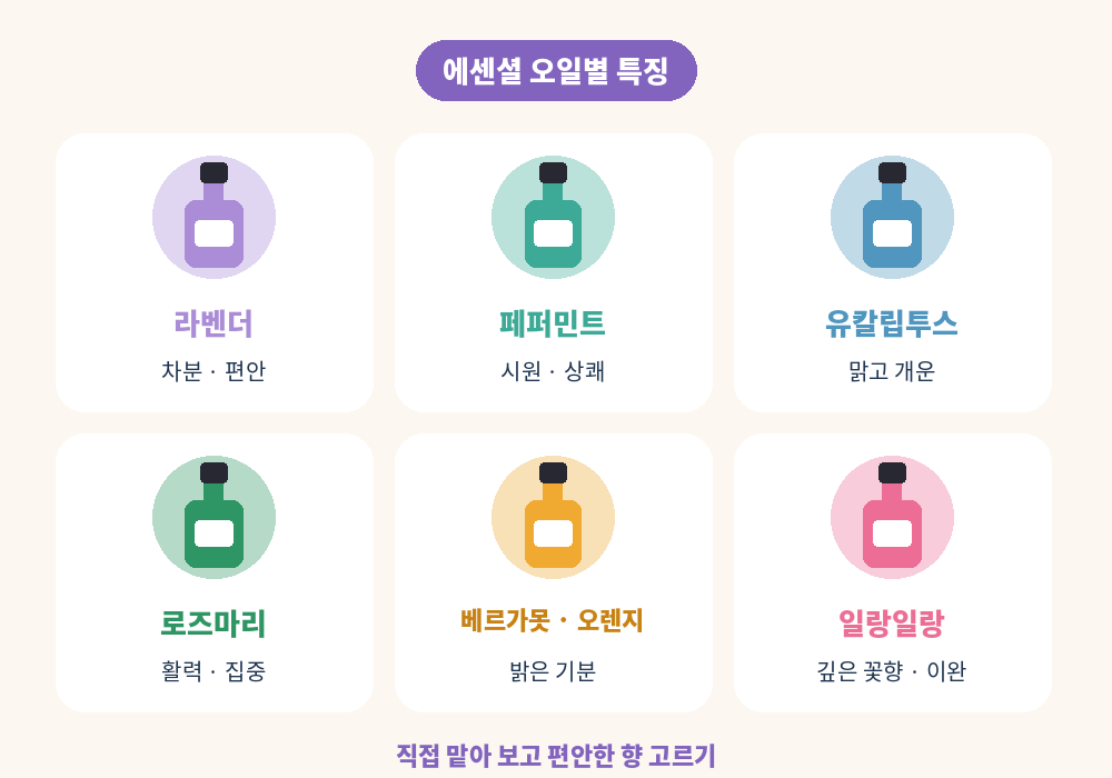 아로마마사지 효과별 에센셜 오일 라벤더 페퍼민트 유칼립투스 로즈마리 베르가못 일랑일랑