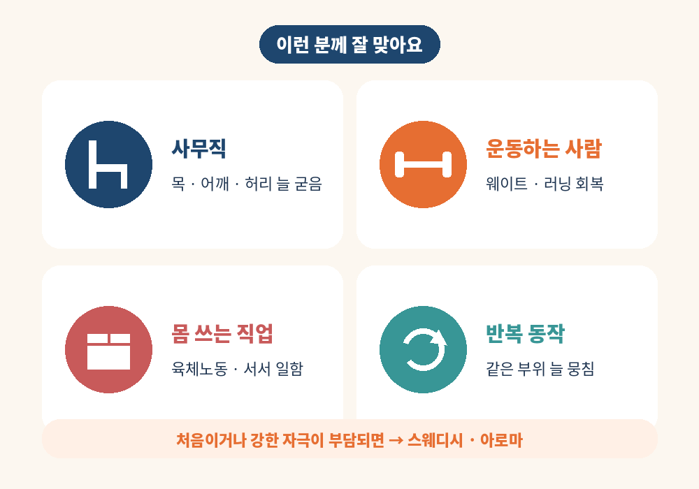 딥티슈 마사지가 잘 맞는 사람 사무직 운동하는 사람 육체노동 반복 동작
