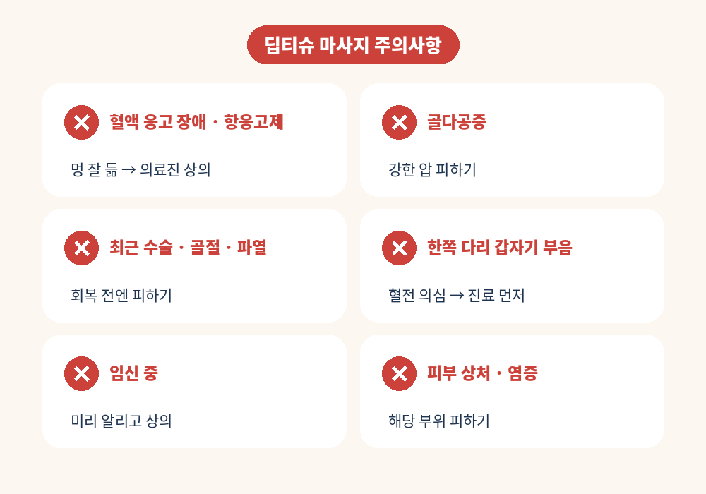 딥티슈 마사지를 피해야 하는 경우 주의사항