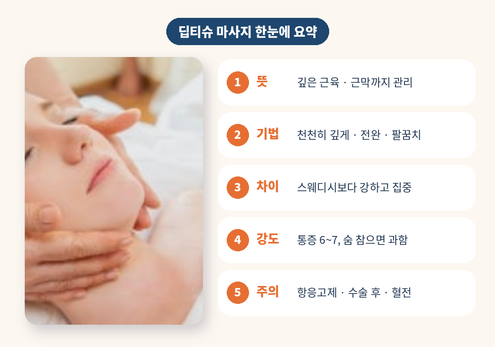 딥티슈 마사지 뜻 기법 효과 강도 주의사항 요약