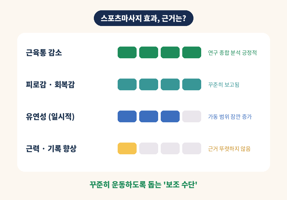 스포츠마사지 효과 근육통 감소 유연성 회복감 근거