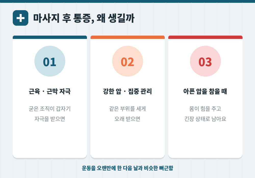 마사지 후 통증이 생기는 이유 근육 자극 강한 압 긴장