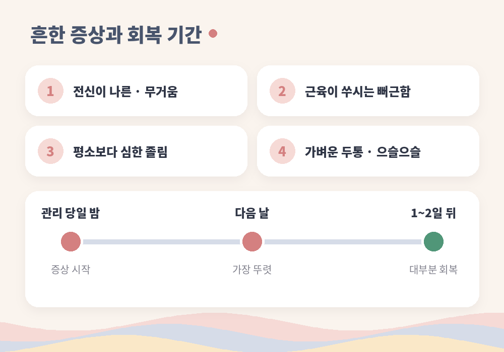마사지 후 몸살 흔한 증상 나른함 근육통 졸림 회복 기간