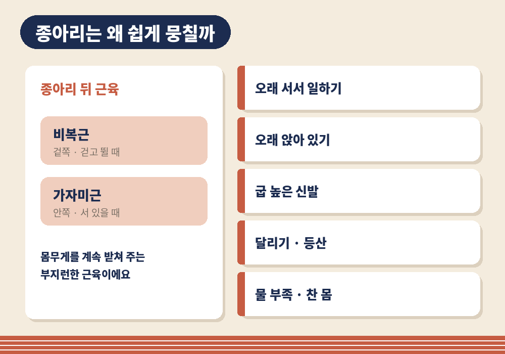 종아리가 뭉치는 이유 오래 서기 앉기 하이힐 운동