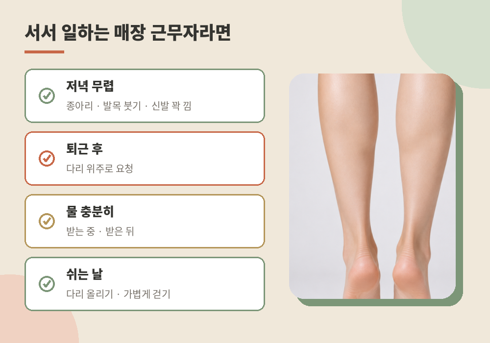 서서 일하는 매장 근무자 다리 붓기 천호 림프마사지