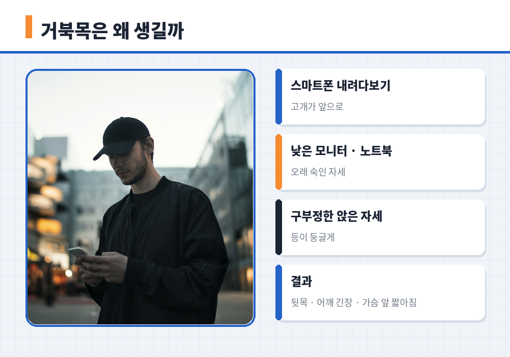 거북목 마사지 원인 고개 숙여 스마트폰 보는 자세