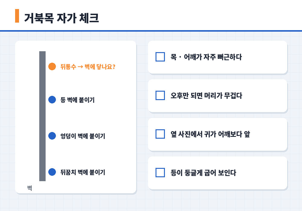 거북목 자가 체크 벽에 서기 귀 어깨 위치 확인