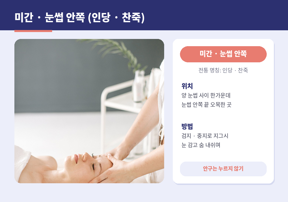 두통 지압점 미간 인당 눈썹 안쪽 찬죽 눈 피로