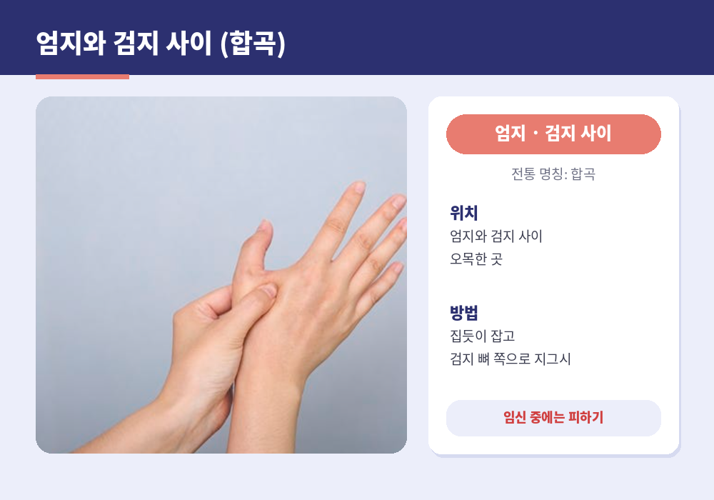두통 지압점 손 합곡혈 엄지 검지 사이 누르기
