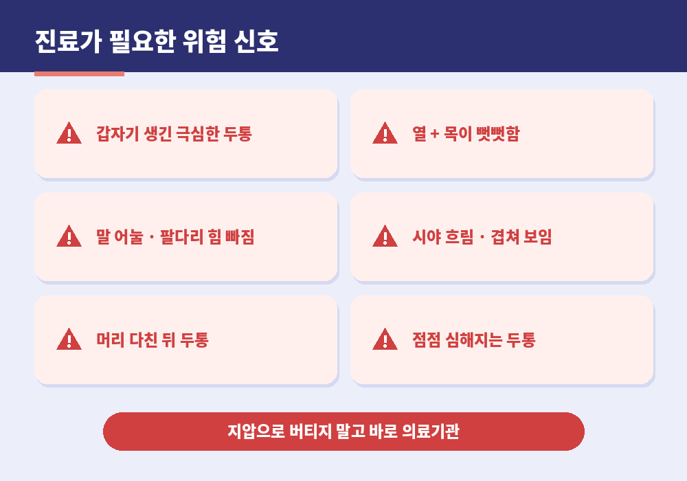 두통 진료가 필요한 위험 신호 갑작스러운 극심한 두통 마비 시야 이상