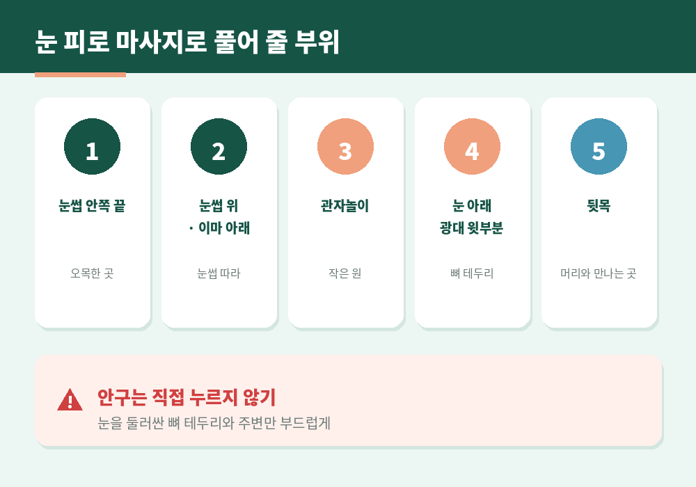 눈 피로 마사지 부위 눈썹 안쪽 눈썹 위 관자놀이 눈 아래 뼈 테두리 뒷목