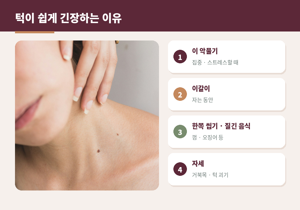 턱관절 마사지 턱 긴장 원인 이 악물기 이갈이 스트레스