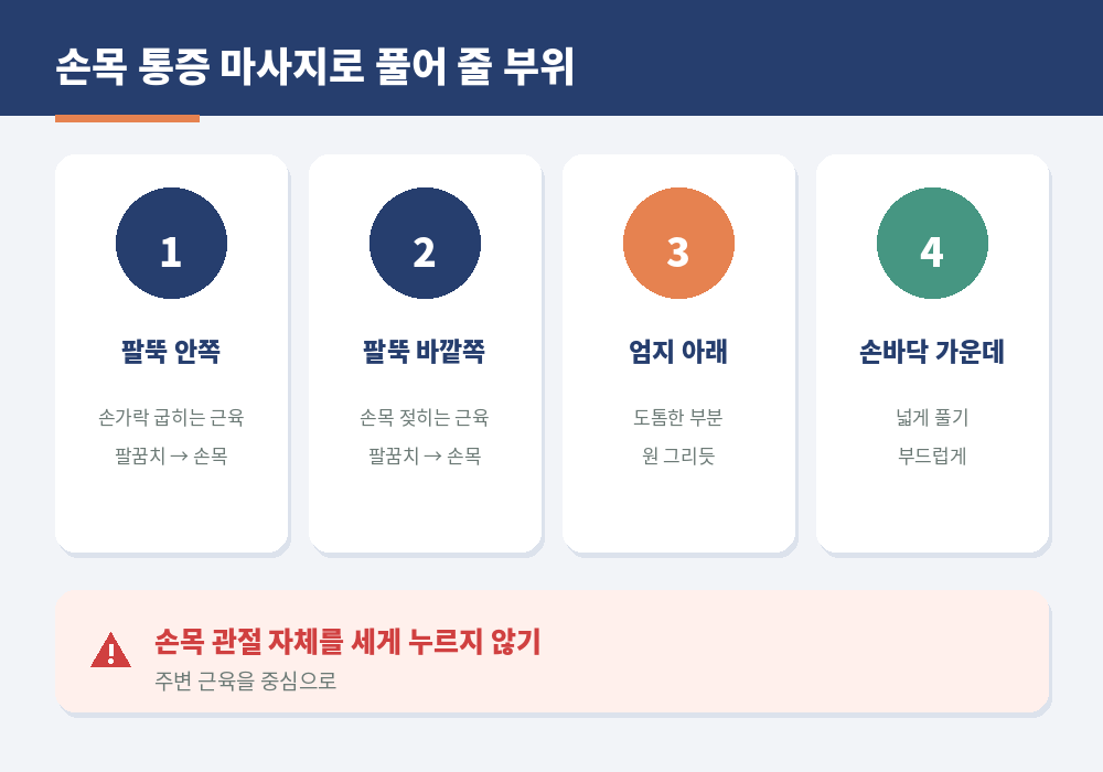 손목 통증 마사지 부위 팔뚝 안쪽 바깥쪽 손바닥 엄지 아래