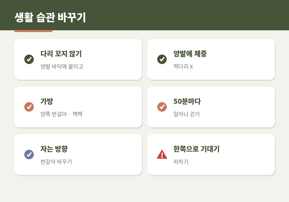 골반 틀어짐 예방 생활 습관 다리 꼬지 않기 양발 체중 가방