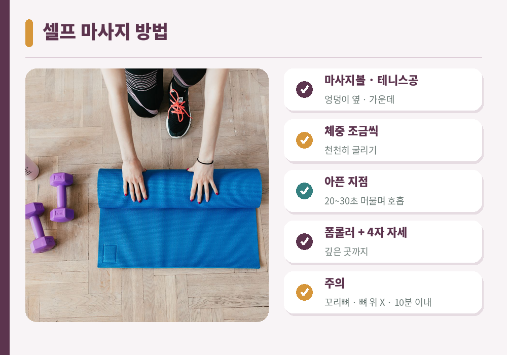 엉덩이 근육 뭉침 셀프 마사지 마사지볼 테니스공 폼롤러 엉덩이