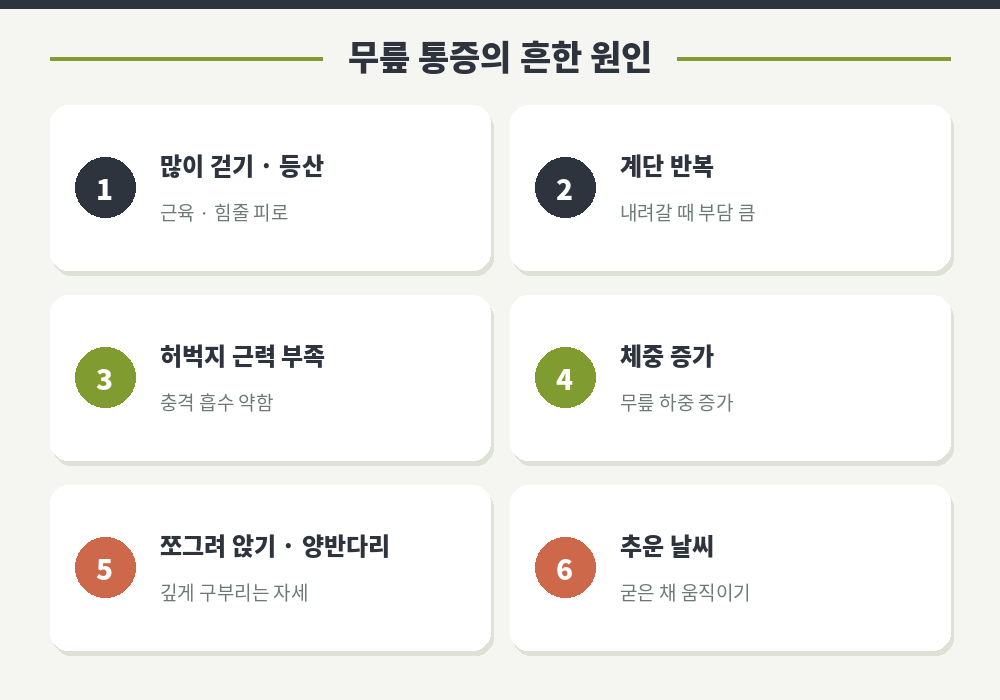 무릎 통증 원인 오래 서 있기 계단 등산 체중 증가 근력 부족 추위