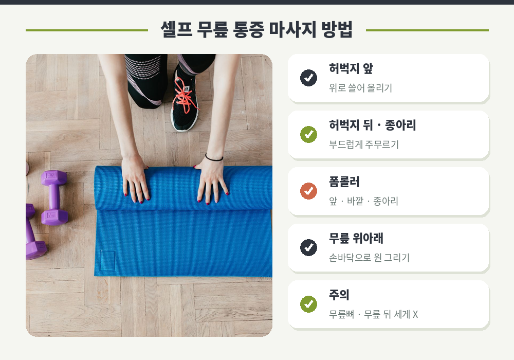 셀프 무릎 통증 마사지 방법 허벅지 쓸어 올리기 종아리 주무르기 폼롤러
