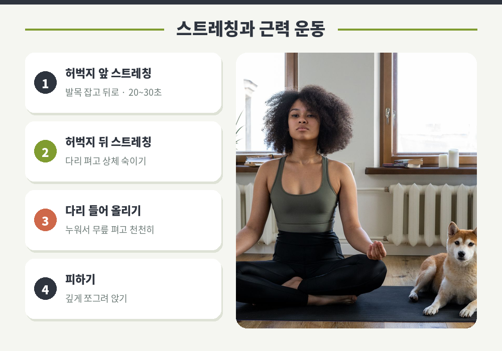 무릎 스트레칭 근력 운동 허벅지 앞 스트레칭 다리 들어 올리기 벽 기대 앉기