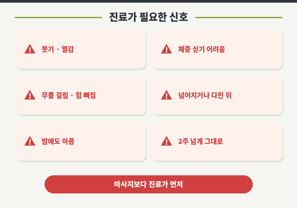 무릎 통증 진료가 필요한 신호 붓기 열감 무릎 잠김 체중 못 실음