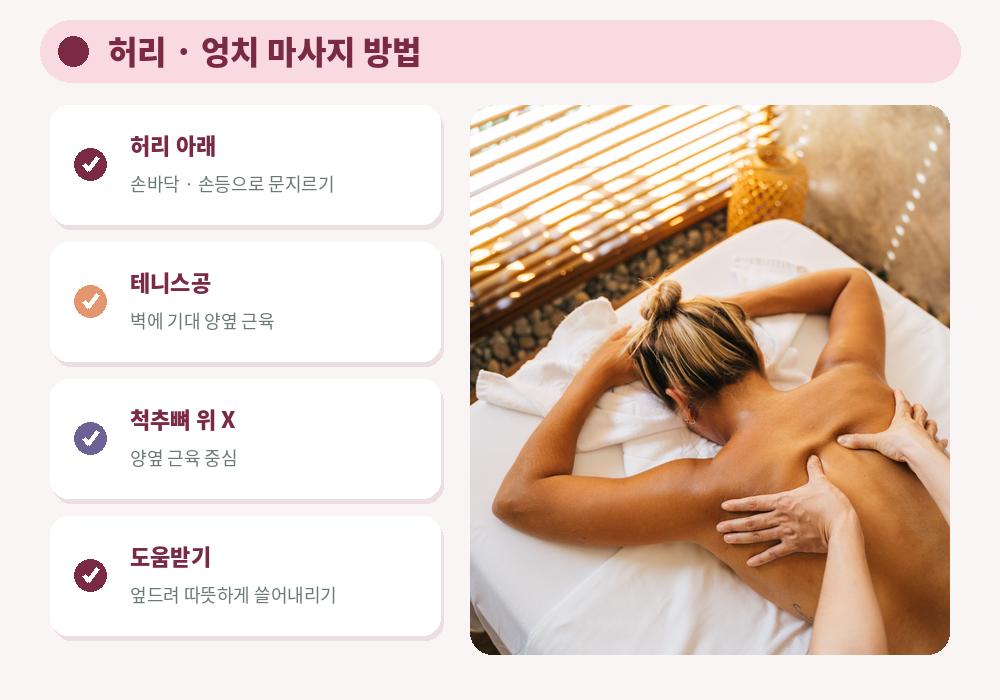 생리통 허리 엉치 마사지 방법 손바닥 문지르기 테니스공