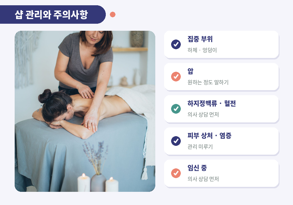 셀룰라이트 마사지 샵 관리 주의사항 하지정맥류 피부 질환 멍 임신