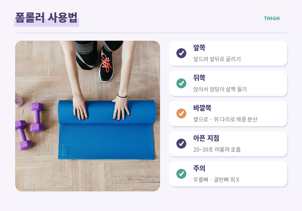 허벅지 폼롤러 사용법 허벅지 앞 엎드려 굴리기 뒤쪽 앉아서 바깥쪽 옆으로