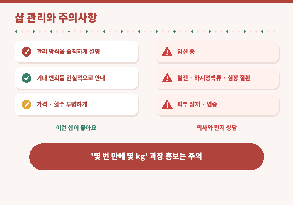 다이어트 마사지 샵 관리 주의사항 과장 홍보 혈전 임신 피부 질환