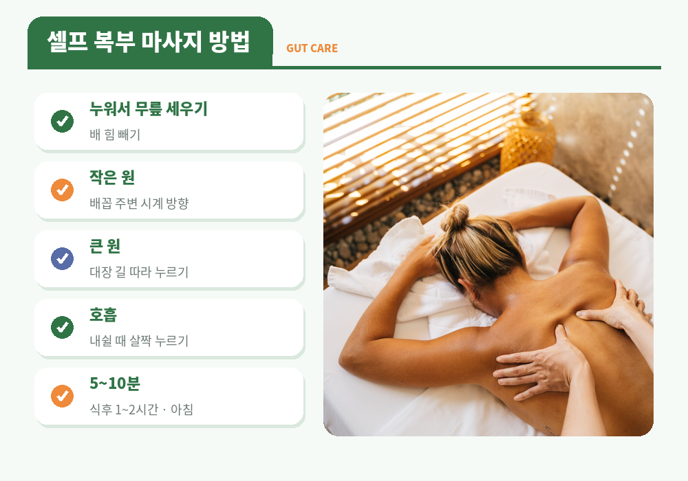 셀프 변비 마사지 방법 누워서 무릎 세우기 손바닥 원 그리기 5분 10분
