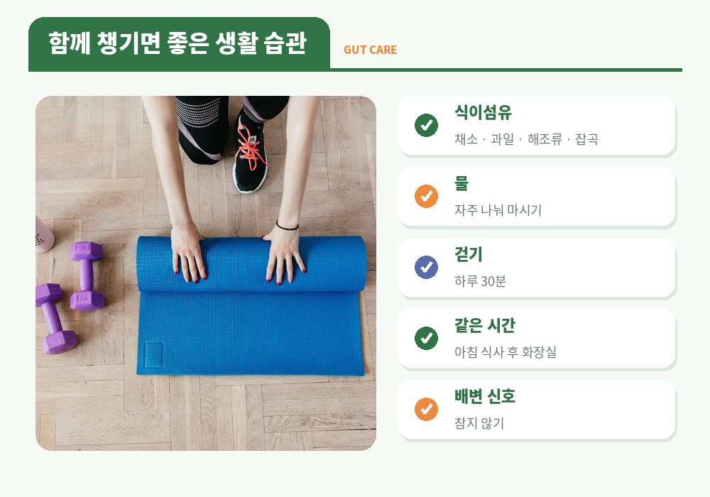 변비 예방 생활 습관 식이섬유 수분 섭취 걷기 아침 배변 시간