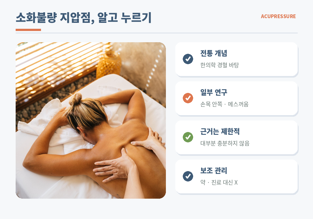 소화불량 지압점 이해 전통 개념 근거 제한 보조 관리