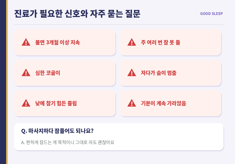 불면 진료가 필요한 신호 3개월 이상 불면 코골이 수면 무호흡 낮 졸림