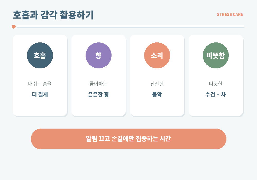 스트레스 해소 호흡법 향기 음악 따뜻함 감각 활용 마사지와 함께