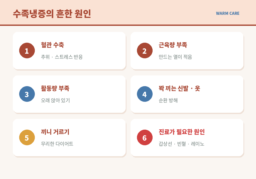 수족냉증 원인 혈관 수축 근육량 부족 활동량 부족 꽉 끼는 옷 스트레스 다이어트