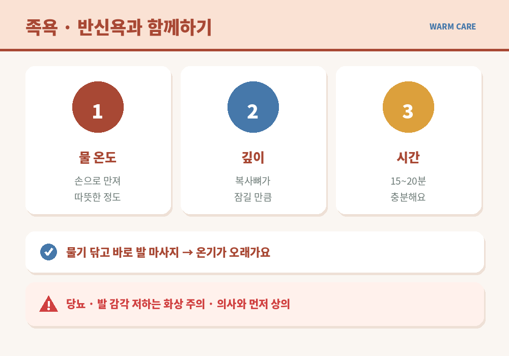 수족냉증 족욕 반신욕 물 온도 시간 화상 주의 당뇨 감각 저하