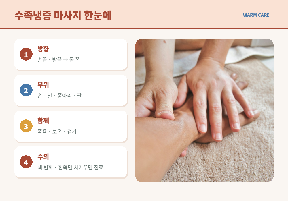수족냉증 마사지 손 발 종아리 족욕 생활 습관 요약