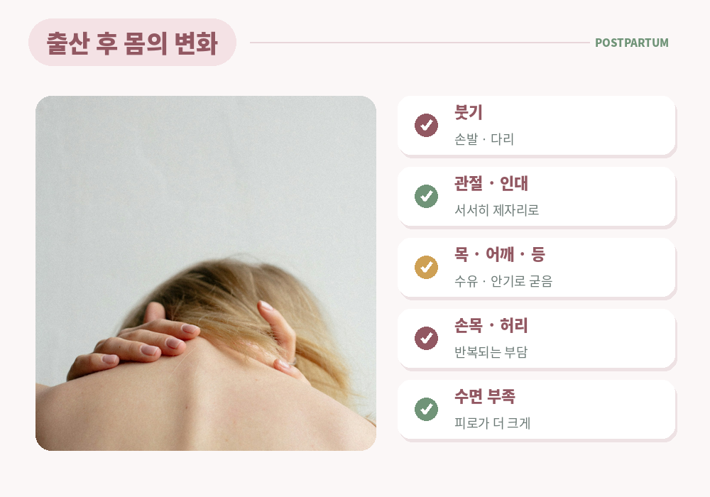 출산 후 몸의 변화 붓기 관절 이완 목 어깨 손목 허리 통증 수면 부족